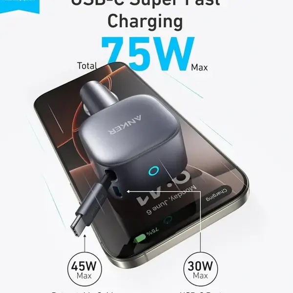 Chargeur de voiture avec câble type-c rétractable intégré Anker Nano Car Charger – 75W – 1 port Type-C – A2738HA2 — photo 3