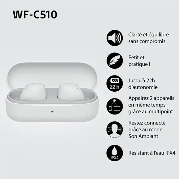 Écouteurs sans fil Sony WF-C510 – 11h d’autonomie plus 11h encore avec l’étui de charge – BT – Connexion, autre vue