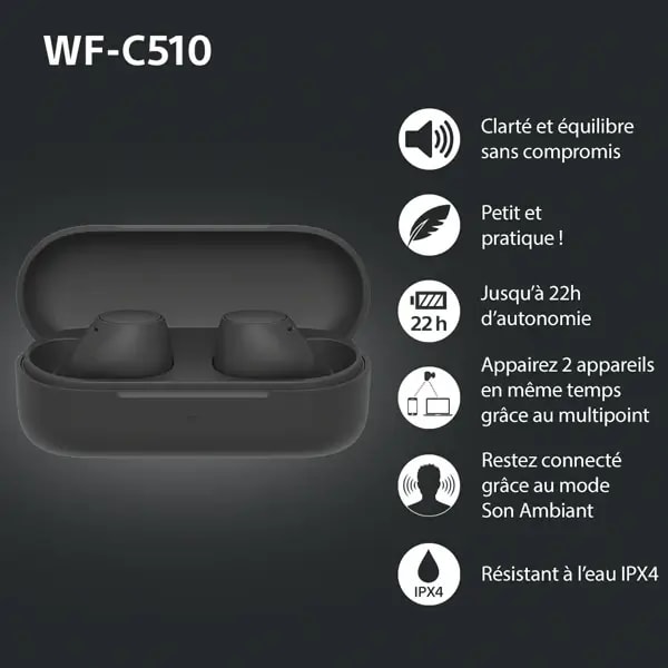 Écouteurs sans fil Sony WF-C510 – 11h d’autonomie plus 11h encore avec l’étui de charge – BT – Connexion multipoint – Basses puissantes – Noir — photo 2