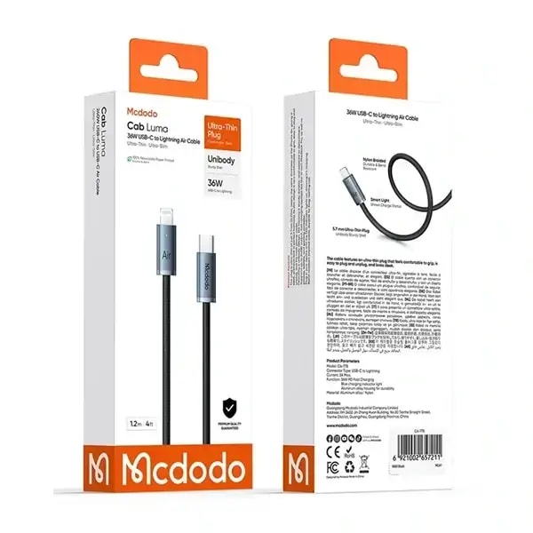 Câble de charge Mcdodo Cab Luma – 36W – Type-c vers Lightning pour iPhone – 1.8m – Indicateur LED d’état de charge – Noir – CA-7781 — photo 2