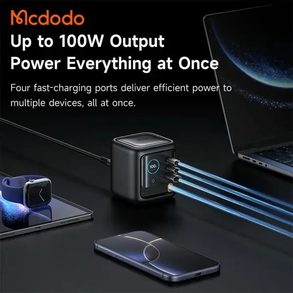 Chargeur adaptateur Mcdodo FreeGo Pro- 100W – Câble rétractable Type-C de 100cm – 2 ports Type-C et 1 port USB intégrés – Écran TFT d’affichage intégré – CH-1391 — photo 3