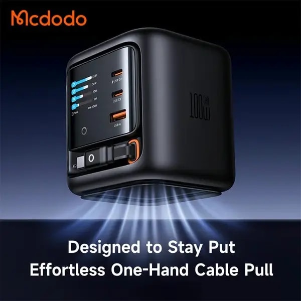 Chargeur adaptateur Mcdodo FreeGo Pro- 100W – Câble rétractable Type-C de 100cm – 2 ports Type-C et 1 port USB intégrés – Écran TFT d’affichage intégré – CH-1391 — photo 4