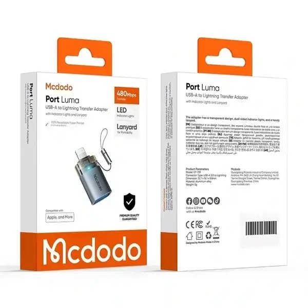 Adaptateur OTG Mcdodo Port Luma – Entrée USB vers sortie Lightning pour iPhone – 480Mbps – Voyant lumineux, vue 3