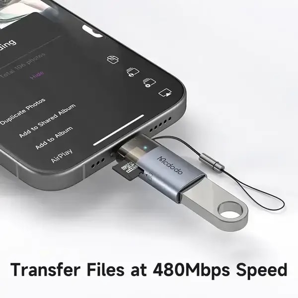 Adaptateur OTG 2en1 Mcdodo – Entrée USB vers sortie Lightning pour iPhone – Port de lecture de Carte mémoire, autre vue