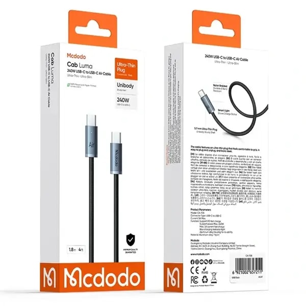 Câble de charge Mcdodo Cab Luma – 240W – Type-c vers type-c – 1.2m – Indicateur LED d’état de charge – Pour, autre vue