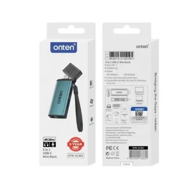 Hub 5en1 Onten – Sortie USB-C – Entrée 1 port Jack audio – 1 port HDMI 4K30Hz – 1 port USB3.0 – 1 port type-c pour charge 100W – OTN-UC361 — photo 2