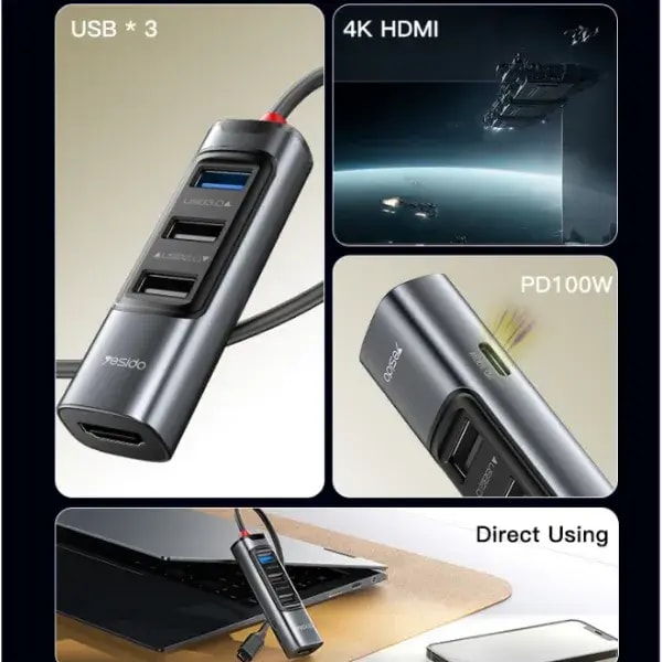 Hub USB-C 5en1 – HDMI 4K 30 Hz – USB 3.0 – 2× USB 2.0 & PD 100W – YESIDO HB22 — photo 3