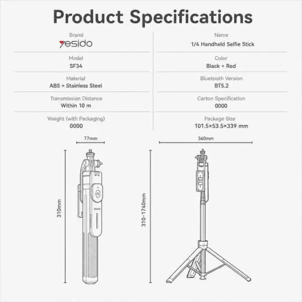 Perche à Selfie & Trépied Bluetooth 5.2 – Extensible jusqu’à 174 cm -Télécommande & Filetage 1/4″ – Ouverture automatique – Noir – Yesido SF34 — photo 4