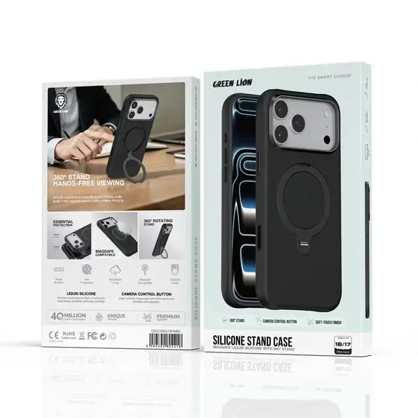 Coque pour iPhone 18 Pro Max Green Lion – Compatible MagSafe – Support à rotation 360° intégré – Silicone – Noir – GNSCSMG18PMBK — photo 3