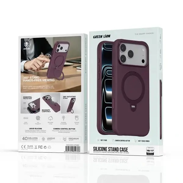 Coque pour iPhone 18 Pro Max Green Lion – Compatible MagSafe – Support à rotation 360° intégré – Silicone – Bordeaux – GNSCSMG18PMBD — photo 3