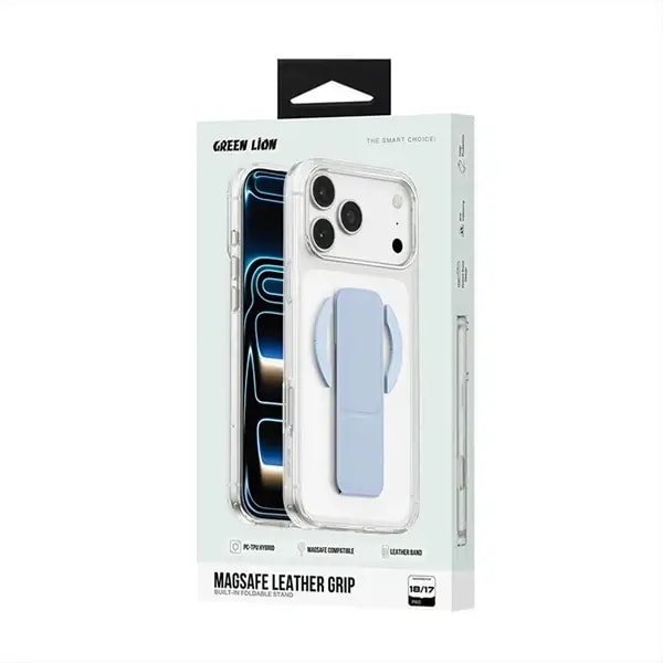 Coque pour iPhone 18 Pro Max Green Lion – Compatible MagSafe – Poignée pliable en cuir bleu intégrée – GNMGLG18PMBL — photo 3