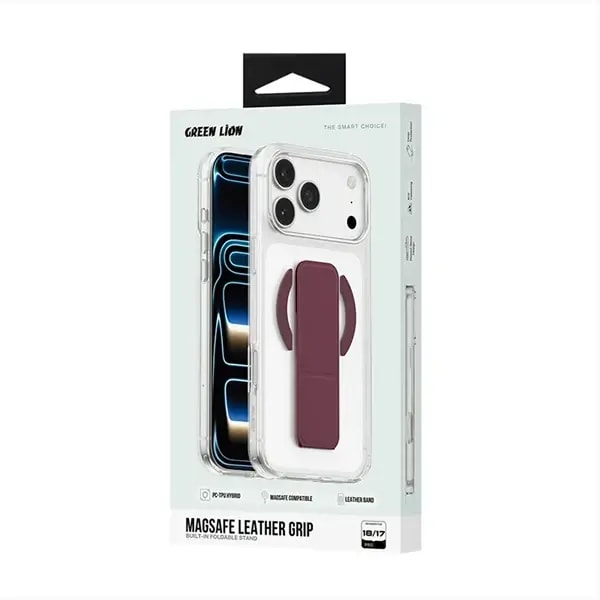 Coque pour iPhone 18 Pro Green Lion – Compatible MagSafe – Poignée pliable en cuir bordeaux intégrée – GNMGLG18PBD — photo 2