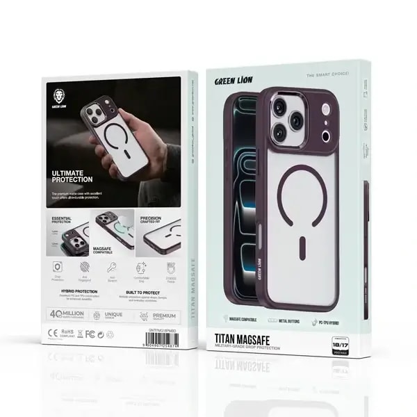 Coque pour iPhone 18 Pro Max Green Lion Titan – Compatible MagSafe – Boutons métalliques – Bordeaux – GNTITMG18PMBD — photo 2