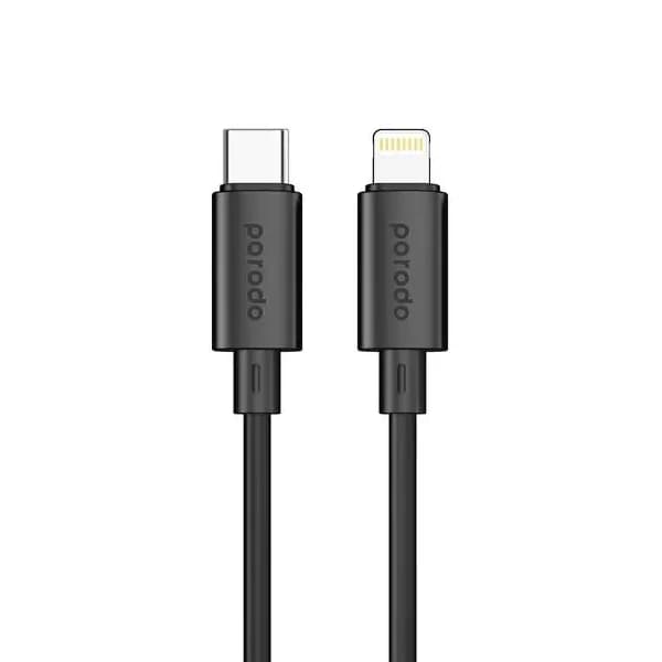 Câble Porodo Blue – USB-C vers Lightning PD27W, charge rapide et transfert de données – Noir – 1,2m