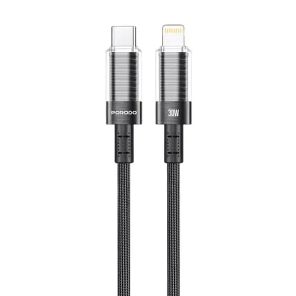 Câble tressé de charge rapide et transfert données Porodo – Type-C vers Lightning transparent – 30W – 1,2m